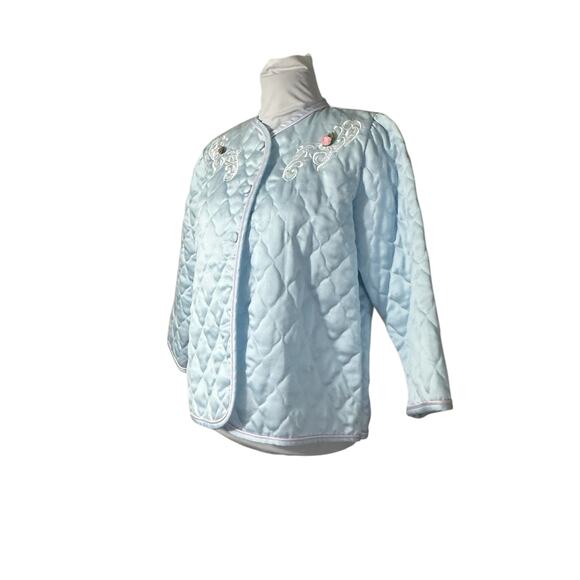 Vintage 1980s Appel Satin Nylon Blue Quilted Bed Jacket Robe S - Picture 6 of 7